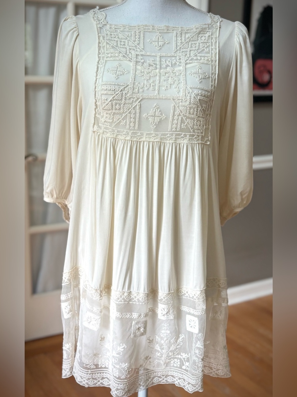 Hazel Cream Embroidered Lace Boho Babydoll Tunic Dress Medium Cottagecore